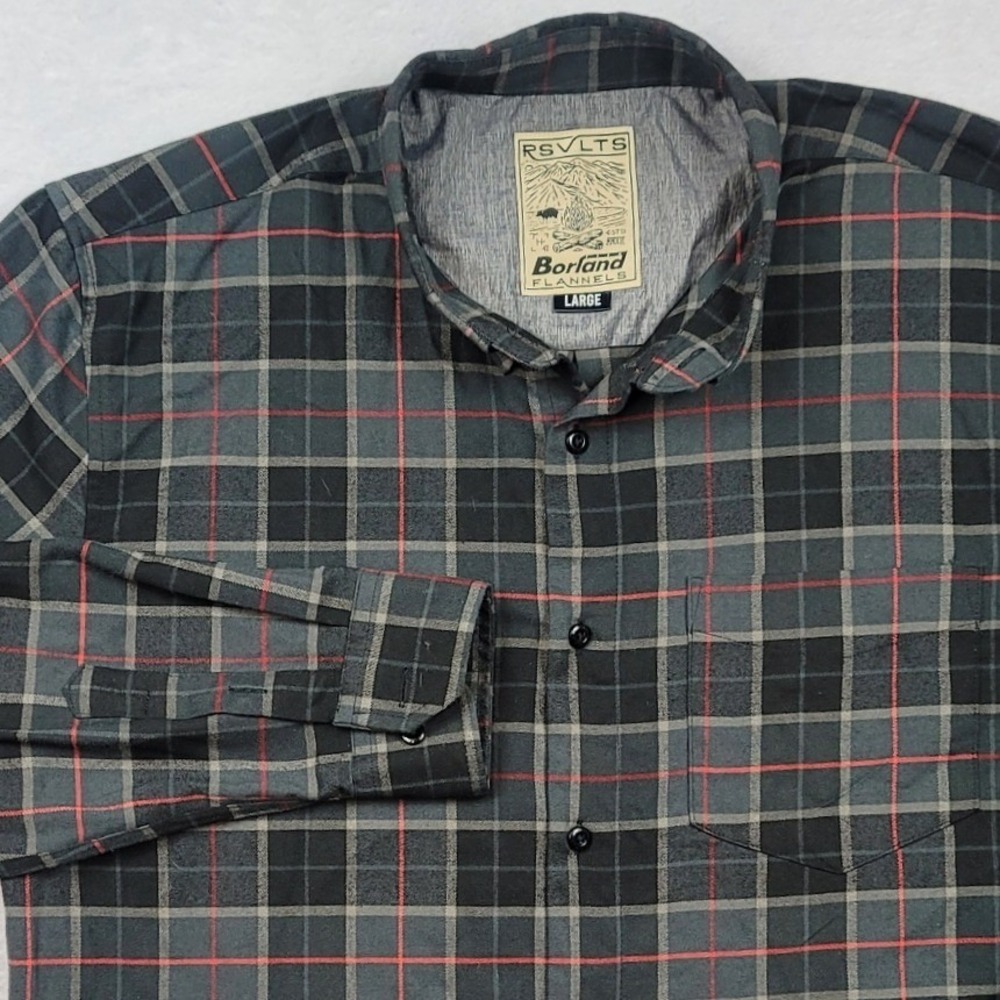 RSVLTS Borland Flex Flannel Shirt Mens Large Grey Black Red Plaid Button Down